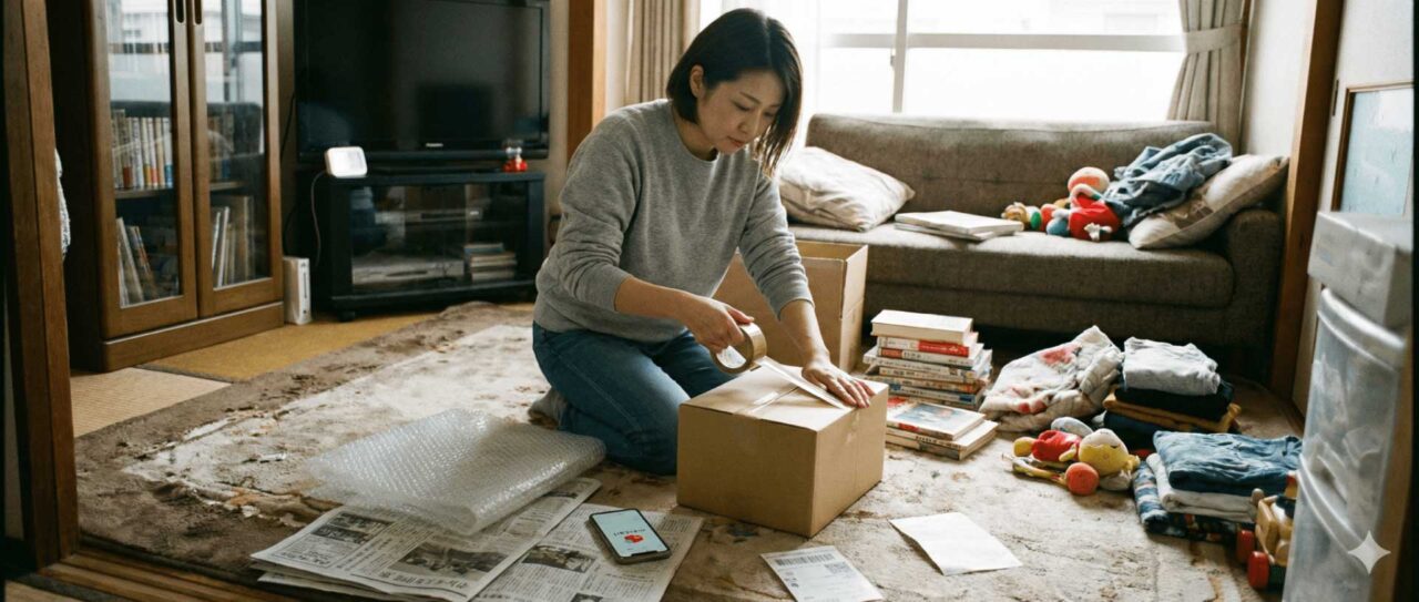 メルカリの商品を梱包する女性