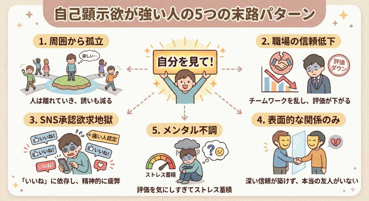 自己顕示欲が強い人の5つの末路パターンをわかりやすく、通で説明した画像
