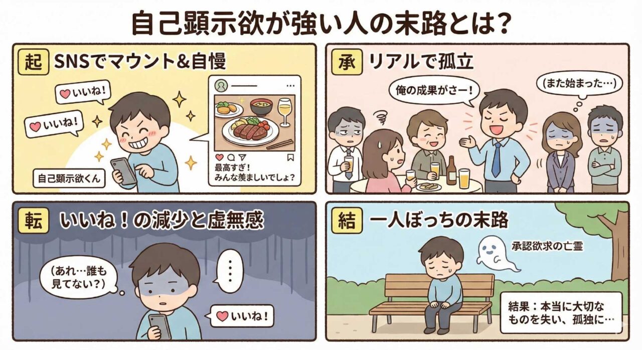 自己顕示欲が強い人の末路とはをわかりやすく、解説した。4コマ画。