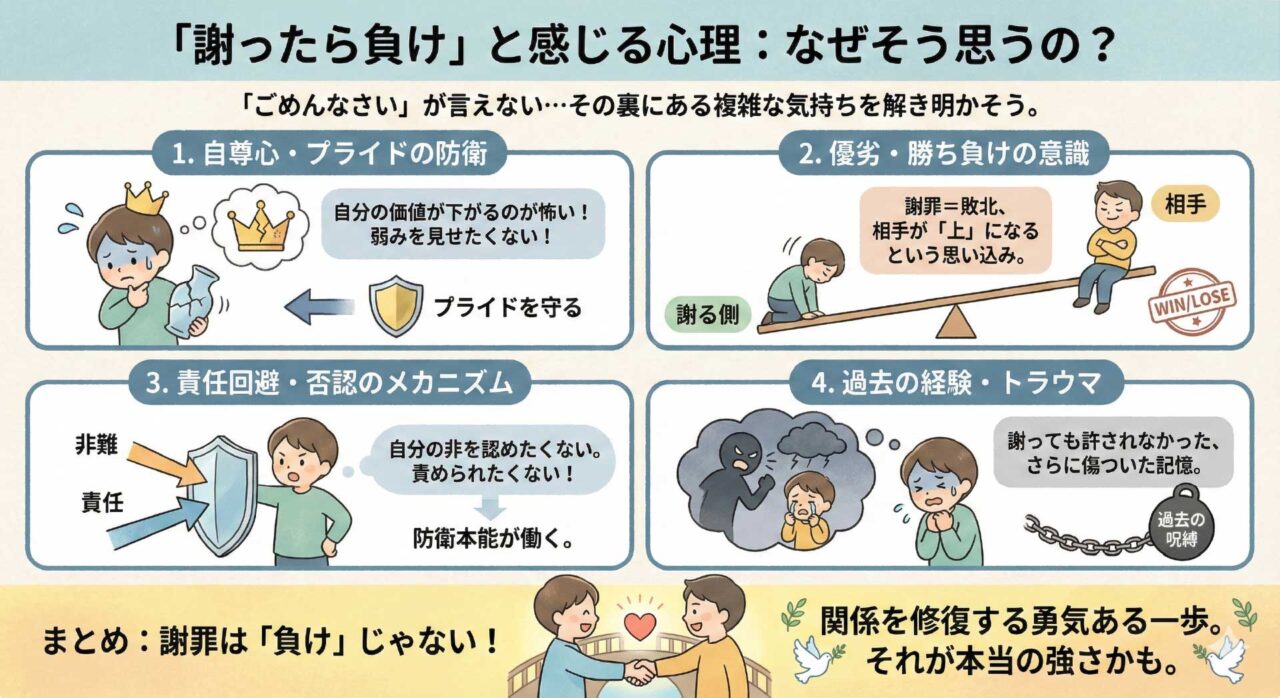 「謝ったら負け」という心理を解説した画像。ごめんなさいが言えない…そんな気持ちを解き明かす。