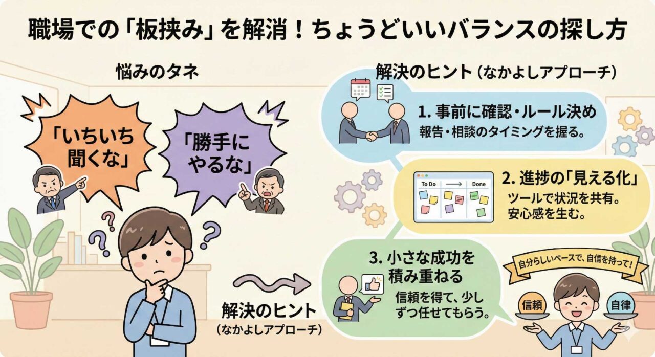 職場での「板挟み」を解消!ちょうどいいバランスの探し方を分かりやすく図解にした画像。